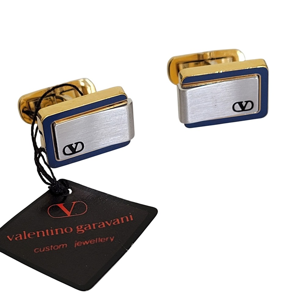 Valentino Garavani Cufflinks Gold Silver Two Tone Blue Enamel V Logo NWT